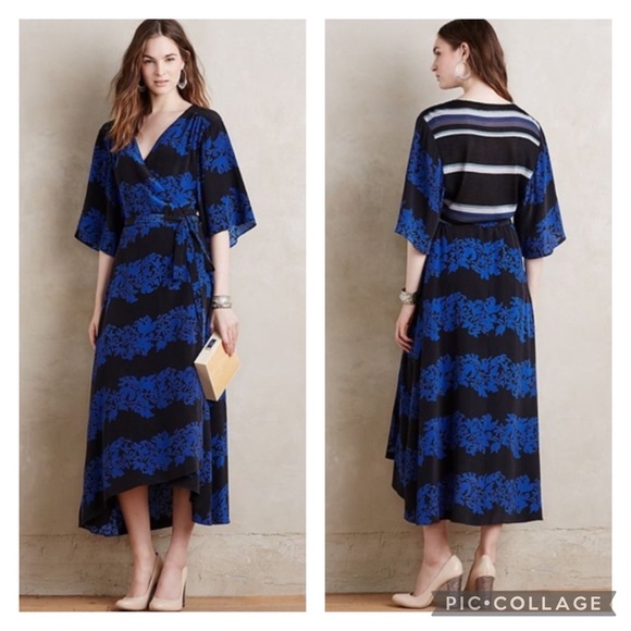 Anthropologie Dresses & Skirts - Burning Torch Circle Silk Cashmere Wrap Maxi Dress Kimono Sleeve Blue Floral